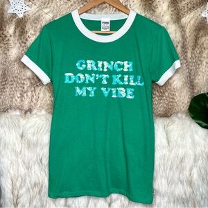 Pink Victoria’s Secret Green Sequin Bling “Grinch Don’t Kill My Vibe” Shirt